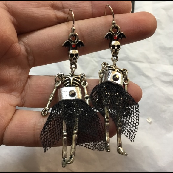 Bat and Skeleton Wearing Dress Dangle Earrings - Picture 2 of 8